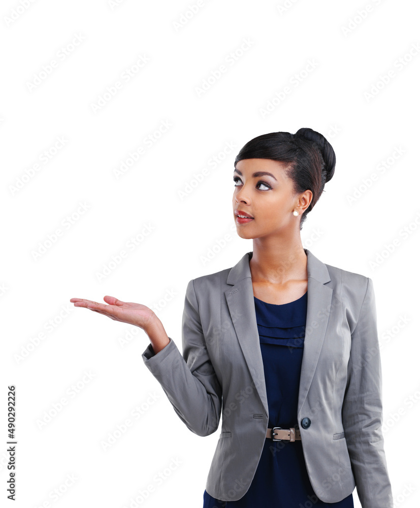Promoting your product. Cropped shot of a young businesswoman holding copyspace against a white background. Promoting your product. Cropped shot of a young businesswoman holding copyspace against a white background.