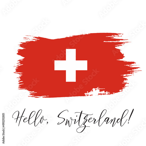 Switzerland vector watercolor national country flag icon. Hand drawn illustration with dry brush stains, strokes, spots isolated on gray background. Painted grunge style texture for poster design.