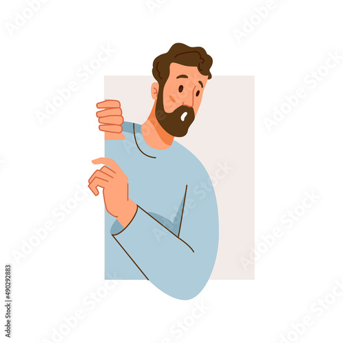 Curious male personage with beard wearing sweater isolated shocked man looking in distance. Vector gossiping or discovering truth, neighbor or colleague from work spying. Flat cartoon character