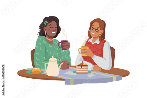 Partners or friends, female lesbian couple sitting in cafe on date. Vector girlfriends drinking tea and coffee, talking and enjoying evening. Communication and togetherness. Flat cartoon character