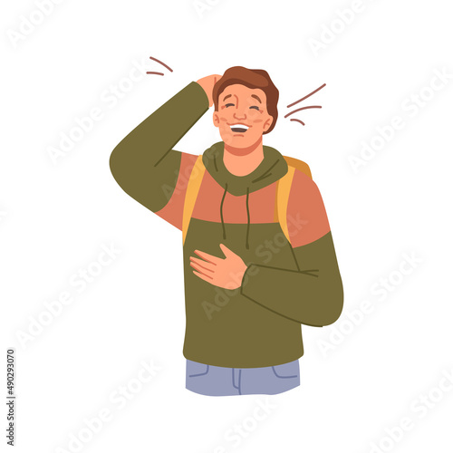 Schoolboy expressing emotions, laughing loudly. Vector male personage, student or teenager holding head and giggling. Happy boy, isolated teen in good mood cheerful and amazed. Flat cartoon character