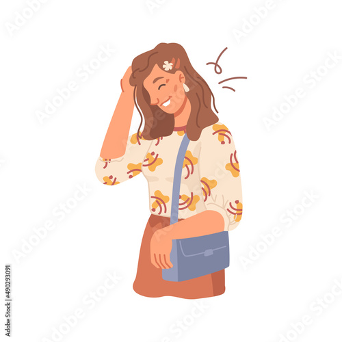 Giggling woman expressing emotions isolated girl in stylish clothes. Vector female personage with funny joke, prankster or hilarious news. Happy smiling lady with purse. Flat cartoon character