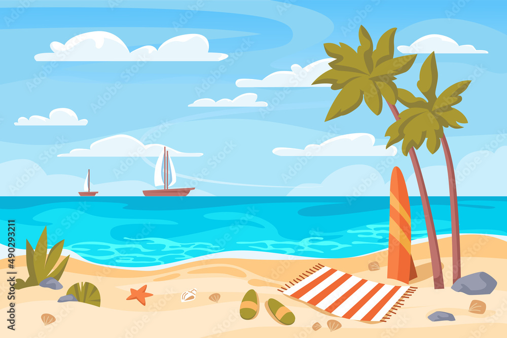 Beach during day, summer vacation and rest by sea. Vector seascape with sailing ships and boats. Blanket for tanning, surfing board for sportive activities. Sunny shore and hot weather, flat cartoon