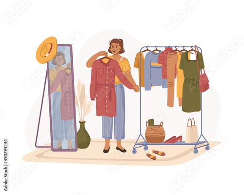 Girl choosing clothes, woman trying on stylish apparel in shop or boutique. Vector woman with dress looking at mirror, costumes and accessories, shoes and hats for outfit. Flat cartoon character