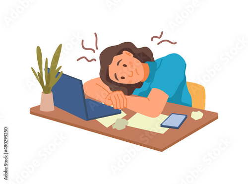 Exhausted employee laying on desk. Vector woman tired of overworking and overload. Low energy and productivity level due to health problems. Struggle to work and procrastination. Flat cartoon
