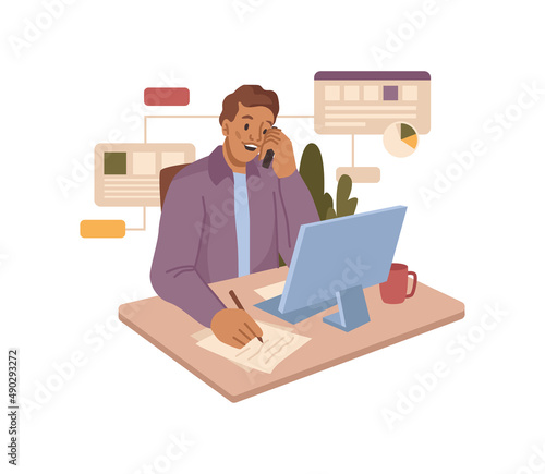 Employee or boss talking on phone with customer. Vector hotline or operator, businessman dealing with clients, support and service. Workplace with charts and diagrams, office worker. Flat cartoon