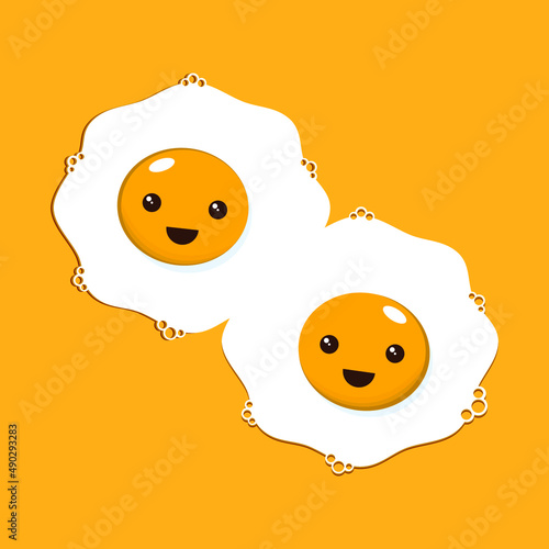 Cute happy fried eggs. Vector cartoon character illustration.