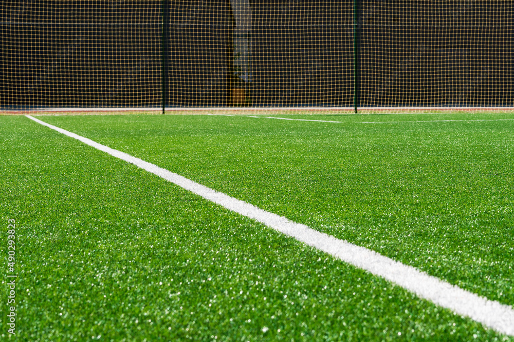 Obraz premium soccer field markings. Soccer, football field. Lines on football stadium - sport background. Copyspace,close-up.