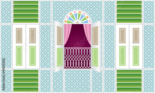 Beautiful traditional Malay style wooden window frame.