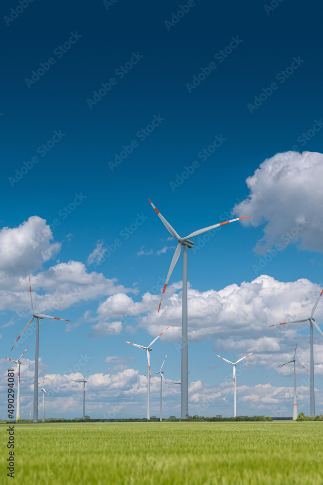 View over beautiful farm landscape with green wheat field and wind turbines to produce green energy in Germany, Spring, blue dramatic rainy sky and sunny day. View over beautiful farm landscape with green wheat field and wind turbines to produce green energy in Germany, Spring, blue dramatic rainy sky and sunny day.