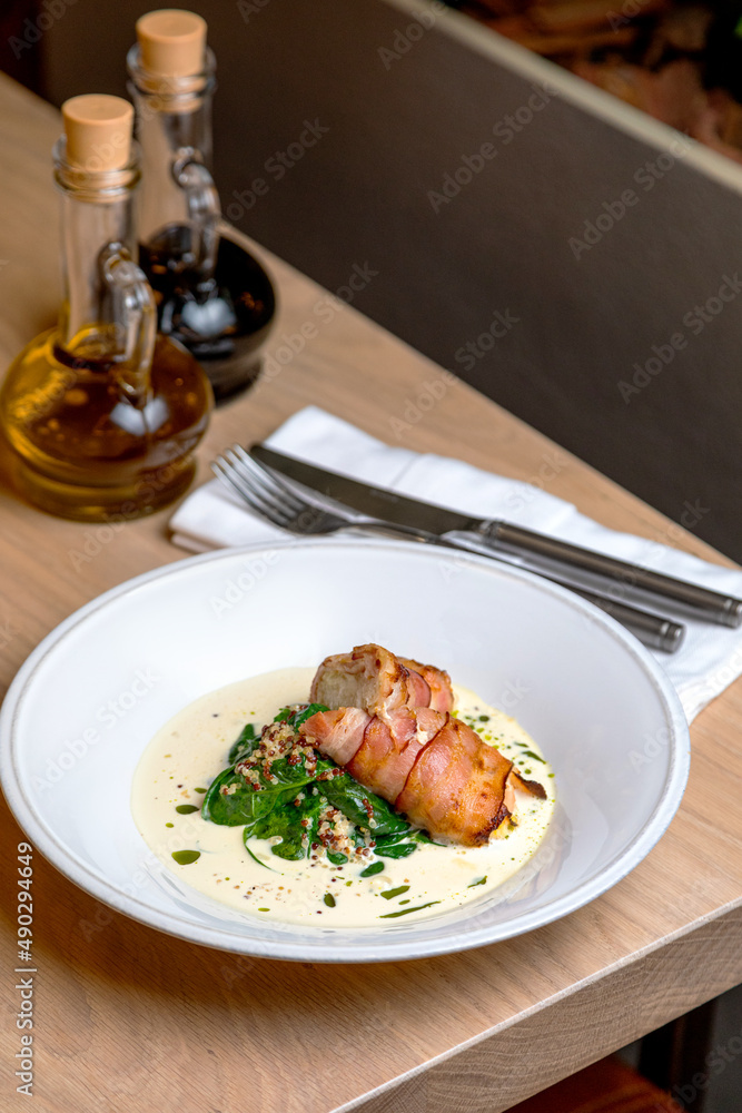 fried bacon rolls with sauce and herbs fried bacon rolls with sauce and herbs