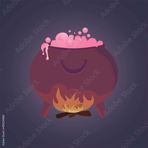 Magic cauldron with a boiling potion on fire