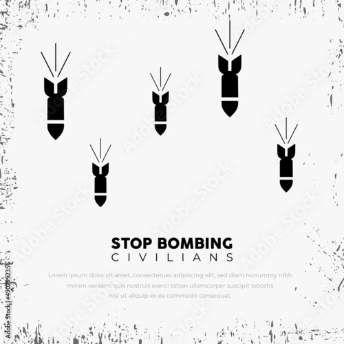 Stop bombing civilians background with silhouette of missile bomb. Stop war designs with missile bomb isolated on white background
