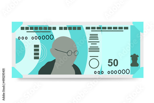 Indian Rupee Vector Illustration. India, Bhutan money set bundle banknotes. Paper money 50 INR. Flat style. Isolated on white background. Simple minimal design.