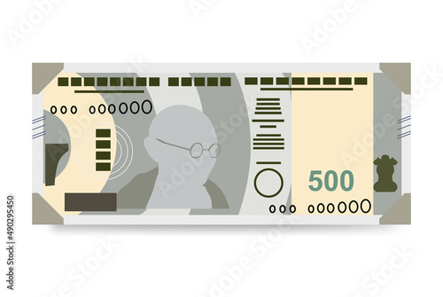 Indian Rupee Vector Illustration. India, Bhutan money set bundle banknotes. Paper money 500 INR. Flat style. Isolated on white background. Simple minimal design.