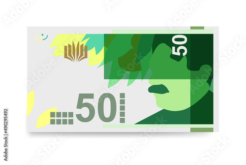New Israeli Sheqel Vector Illustration. Indonesia, Timor-Leste money set bundle banknotes. Paper money 50 ILS. Flat style. Isolated on white background. Simple minimal design.