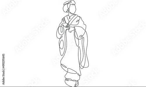 One continuous line.Japanese woman in traditional street costume. National dress of Japan.Continuous line drawing.Line Art isolated white background.