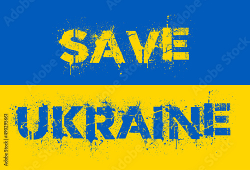 Mensaje Save Ukraine sobre bandera en color azul y amarillo. No a la guerra. Texto estilo scratch.