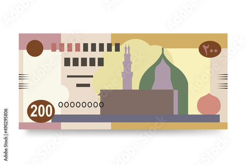 Egyptian Pound Vector Illustration. Egypt, Gaza Strip money set bundle banknotes. Paper money 200 EGP. Flat style. Isolated on white background. Simple minimal design.