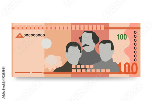 Dominican Peso Vector Illustration. Dominican Republic money set bundle banknotes. Paper money 100 DOP. Flat style. Isolated on white background. Simple minimal design.