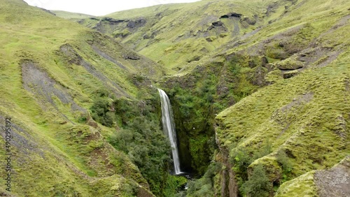 Idyllic Scenery At Nauthusagil Waterfall In Iceland - aerial drone shot photo