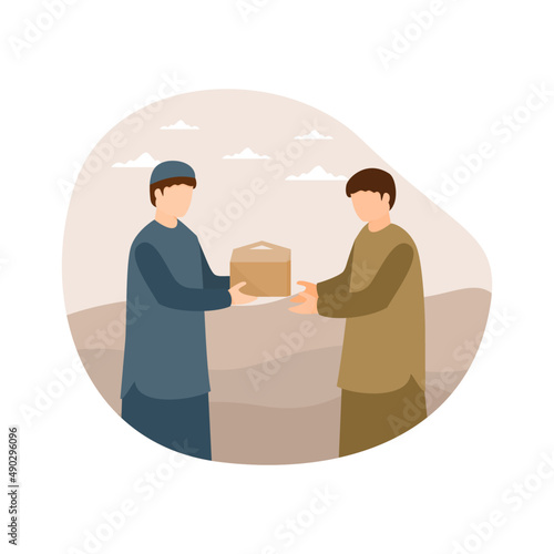 Muslim man give iftar food for his friend
