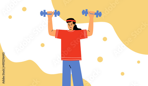 A female athlete lifts dumbbells over her head. Girl with dumbbells, hand exercises. Vector illustration