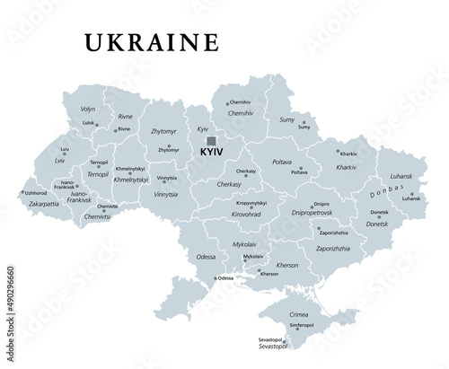 Ukraine, country subdivision, gray political map. Administrative divisions of the Ukraine with administrative centers, a unitary state in Eastern Europe with capital Kyiv (Kiev). Illustration. Vector. photo