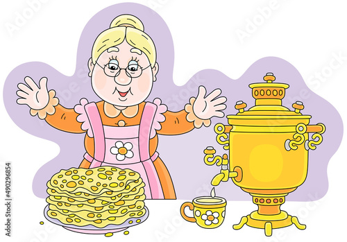 Happy granny with tasty traditional pancakes and an old village samovar for holiday tea, vector cartoon illustration isolated on a white background