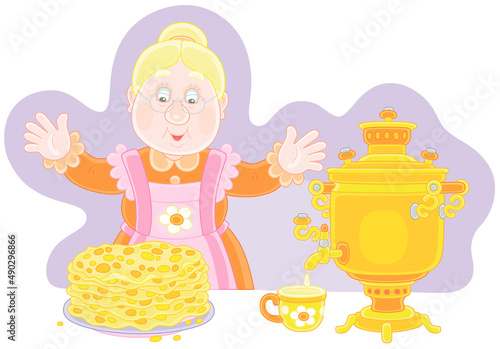 Happy granny with tasty traditional pancakes and an old village samovar for holiday tea, vector cartoon illustration isolated on a white background