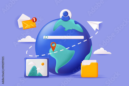 Global search concept 3D illustration. Search for information and graphic content or files, incoming and outgoing emails, intranet and networking. Vector illustration for modern web banner design