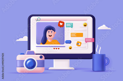 Video blogging concept 3D illustration. Creation and viewing of content, e-business, promotion strategy, attracting followers, monetizing creativity. Vector illustration for modern web banner design