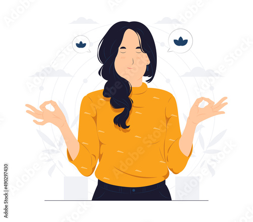 Lifestyle, people emotions, Relaxed and patient smiling young woman with closed eyes meditating to calm down, do breathing exercises with hands in zen gesture concept illustration