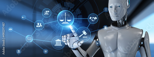 Law Lawyer jurisprudence concept. Robot pressing button on screen 3d render. photo