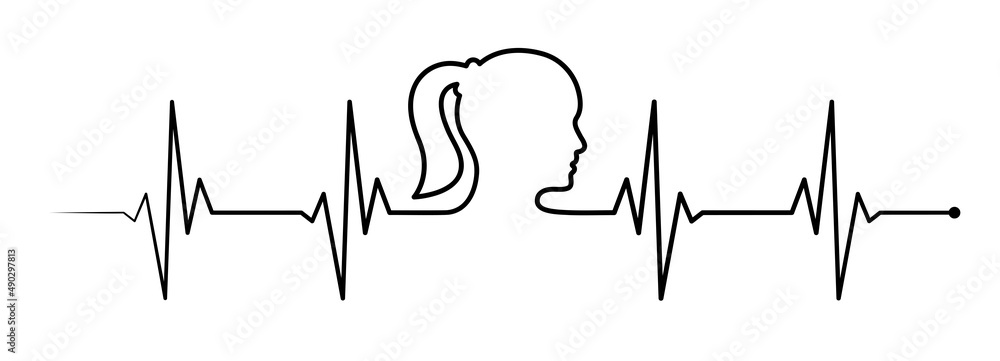 Ecg, ekg monitor with cardio diagnosis and woman profile head vector lineart. Heart rhythm vector design to use in healhcare, healthy lifestyle, medicine and ekg, ecg concept illustration projects. 