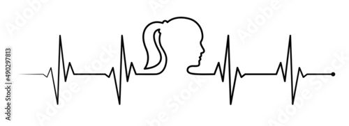 Ecg, ekg monitor with cardio diagnosis and woman profile head vector lineart. Heart rhythm vector design to use in healhcare, healthy lifestyle, medicine and ekg, ecg concept illustration projects. 