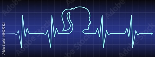 Ecg, ekg monitor with cardio diagnosis, woman head profile. Heart rhythm line vector design to use in healthcare, healthy lifestyle, medicine, ekg, ecg concept illustration projects.