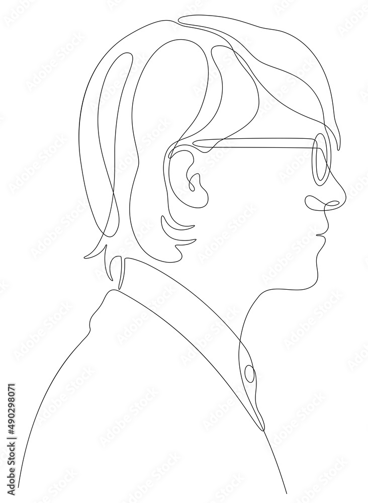 Continuous line drawing of young adult man with glasses and shirt.  