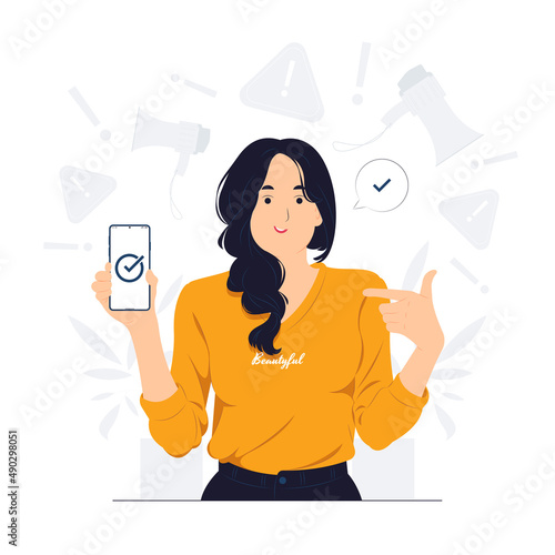 Portrait of a joyful businesswoman showing points with index finger at blank screen mobile phone tries to show something awesome concept illustration