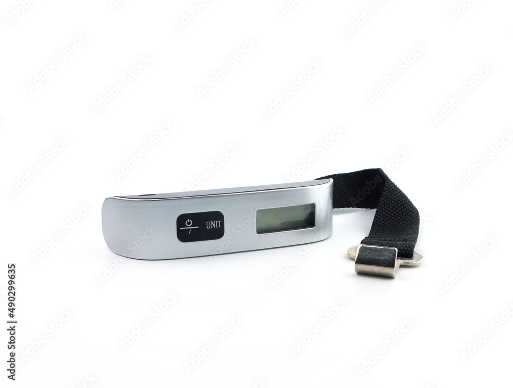 small mini portable digital luggage scale with black strap for checking the total weight of the persernal suicase or travel luggage before checking in at the airport isolated on white background small mini portable digital luggage scale with black strap for checking the total weight of the persernal suicase or travel luggage before checking in at the airport isolated on white background