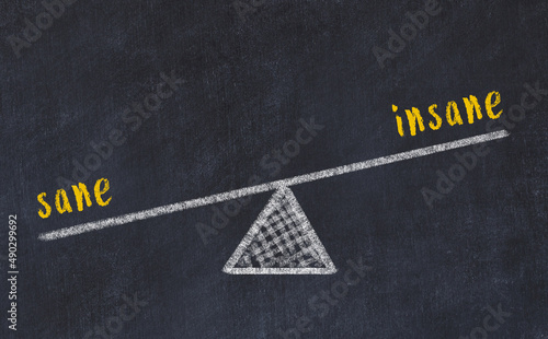 Concept of balance between sane and insane. Chalk scales and words on it