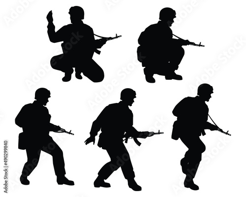 Set of soldiers with rifle gun in war silhouette vector, military man in the battle.