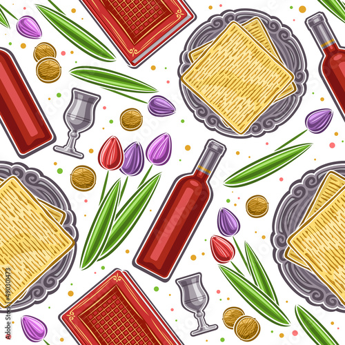 Vector Passover Seamless Pattern, square repeating background with set of cut out illustrations passover symbols, silver goblet, red wine bottle, spring flowers for jewish pesach on white background