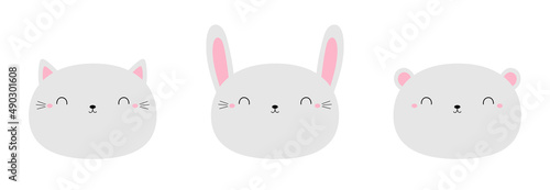 White cat kitty  kitten  bear cub bunny rabbit icon set. Cute kawaii animal. Cartoon funny baby character. Round face head. Kids print for poster  t-shirt cloth. Flat design. White background.