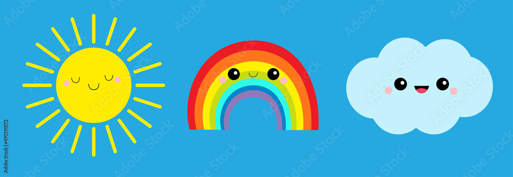 Sun, rainbow, cloud icon set line. Cute cartoon kawaii funny baby character. Smiling face emotion. Baby charcter collection. Flat design. Isolated. Blue background.