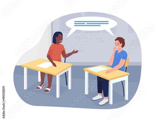 Talking students 2D vector isolated illustration. High school pupils flat characters on cartoon background. Classroom conversation colourful scene for mobile, website, presentation
