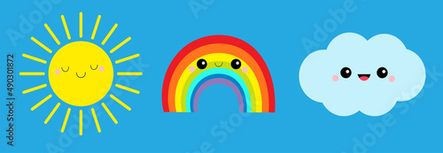 Sun, rainbow, cloud icon set line. Cute cartoon kawaii funny baby character. Smiling face emotion. Baby charcter collection. Flat design. Isolated. Blue background.