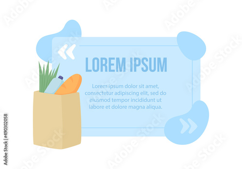 Food products quote textbox with flat item. Grocery shopping. Speech bubble with creative cartoon illustration. Color quotation isolated on white background. Bebas Neue, Quicksand fonts used