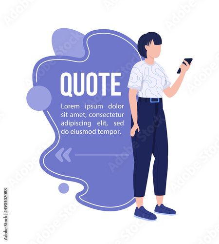 Lady with mobile phone quote textbox with flat character. Speech bubble with creative cartoon illustration. Color quotation isolated on white background. Bebas Neue, Quicksand fonts used