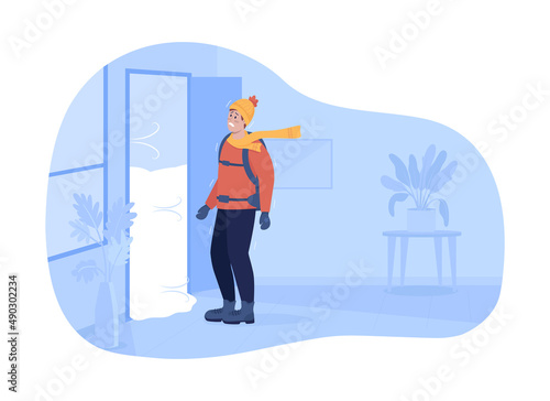 Strong wind and snowstorm 2D vector isolated illustration. Man struggling cold weather flat character on cartoon background. Dressing warm colourful scene for mobile, website, presentation